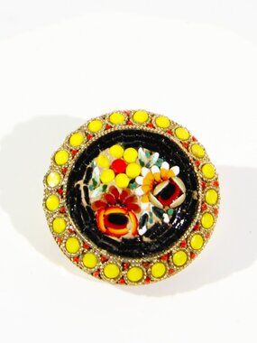 Antique Micro-Mosaic Murano Glass & Copper Floral Brooch Pin- Italian